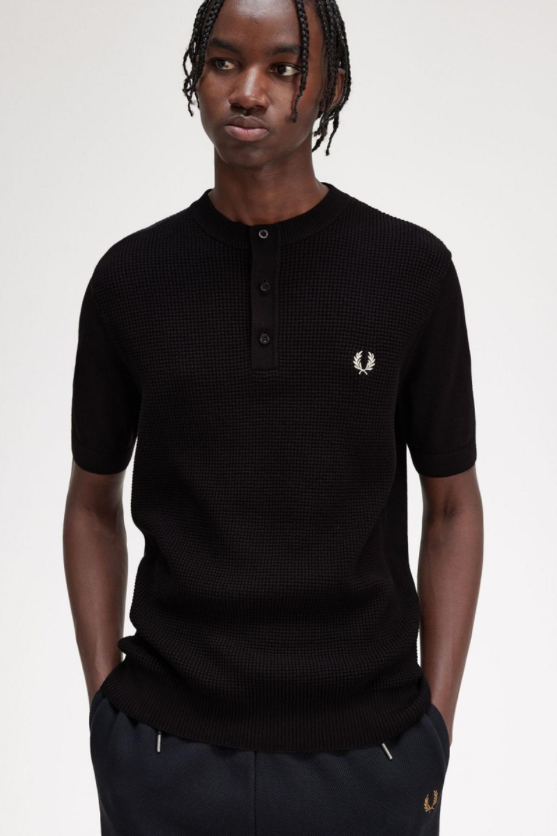 Prendas De Punto Fred Perry Waffle Stitch Henley Shirt Hombre Negros | MXDFL21672